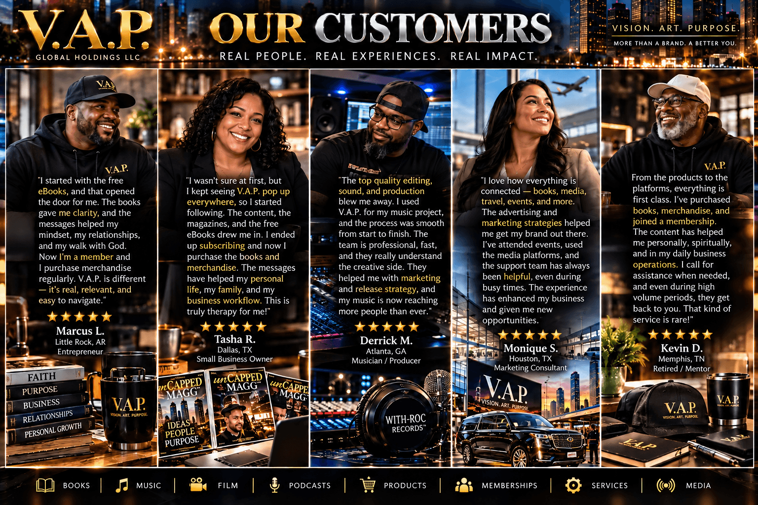 V.A.P. Global Holdings LLC customer testimonial banner featuring books, music, film, podcasts, products, memberships, services, and media